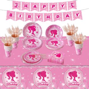 Aoerfes Girl Party Plates for Princess Pink Party Decoration, Serves 24 Guests Plates and Napkins Cup Tablecloth Dinnerware for Princess Doll Theme Girl Birthday Party Tableware