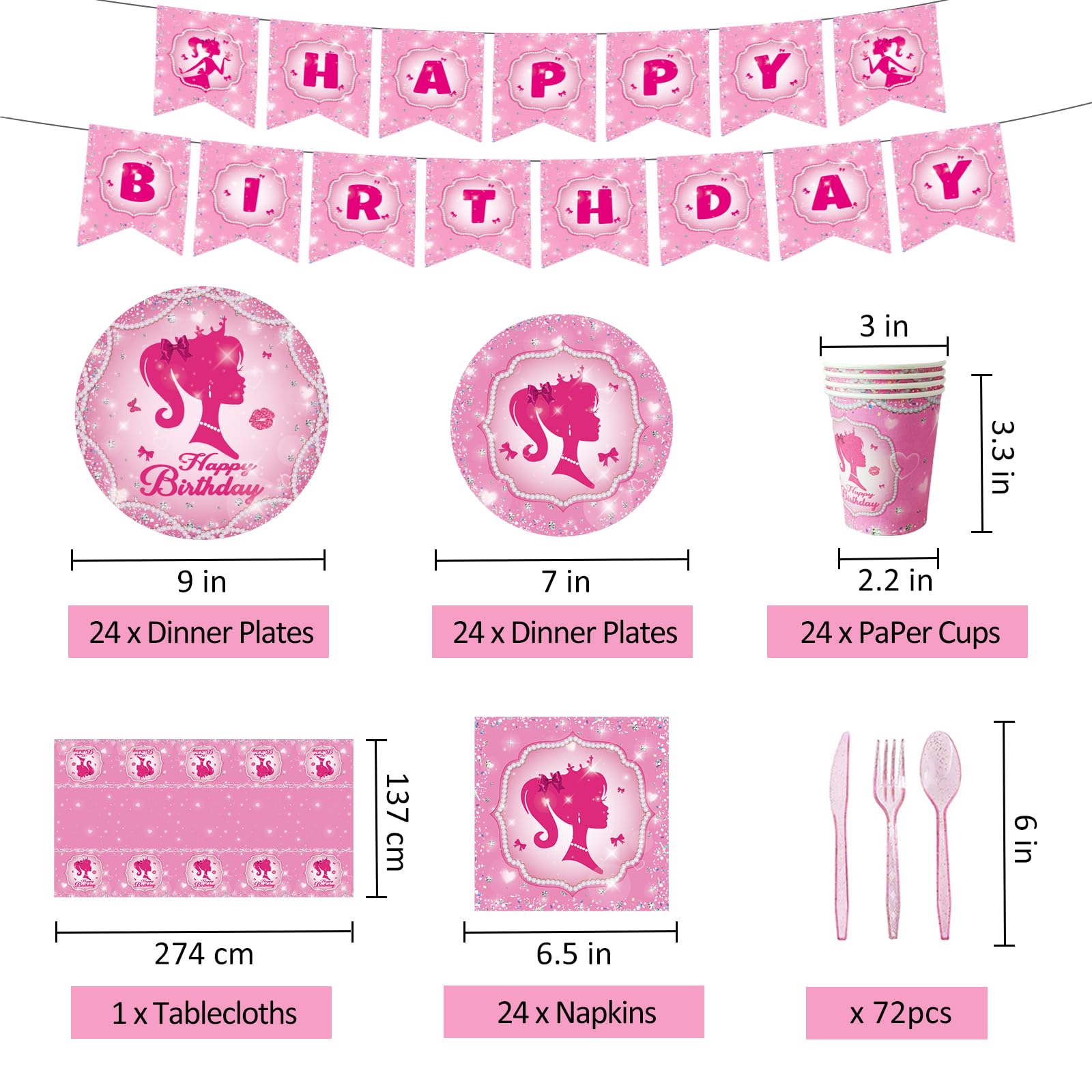 Aoerfes Girl Party Plates for Princess Pink Party Decoration, Serves 24 Guests Plates and Napkins Cup Tablecloth Dinnerware for Princess Doll Theme Girl Birthday Party Tableware