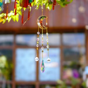 Chakra Tree of Life Crystal Suncatcher for Windows,Rainbow Maker Half Moon Sun Catcher with Crystal Prisms Hanging Crystals for Garden Home Decoration