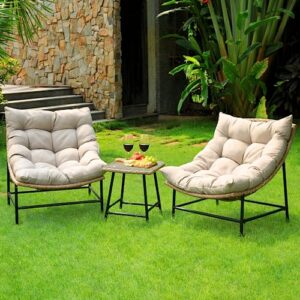 Idzo Caline Large Rattan Bistro Set Outdoor 3 Piece with Glass Side Table, Premium Olefin Thick Cushion, Upgraded 2000Hrs UV Resistant Wicker for Patio Use, Papasan Chair Design