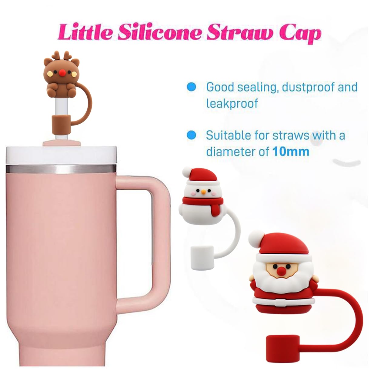 Straw Cover Cap for Stanley Cup,Straw Topper Compatible for 30&40 Oz Tumbler with Handle,10mm 0.4in Dust-Proof Reusable Straw Tips Lids,Straw Tip Covers for Christmas Gifts Party Decor