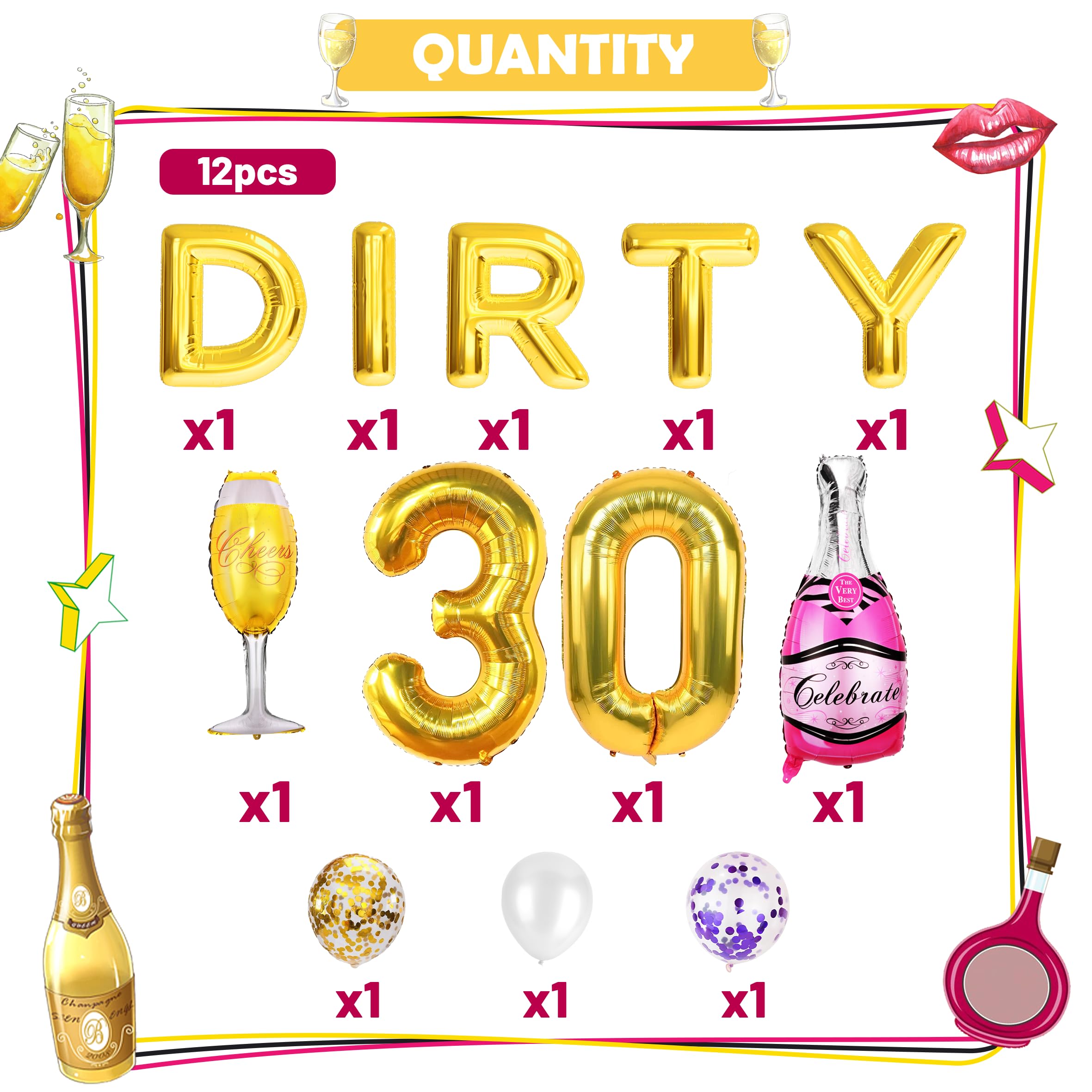 12PCS Dirty 30 Balloons, Gold Dirty Thirty Balloons/30th Birthday Decoration, Champagne Glass Balloon Decor for Men Women, Cheers to 30 Years Old Birthday Foil Balloons for Outdoor