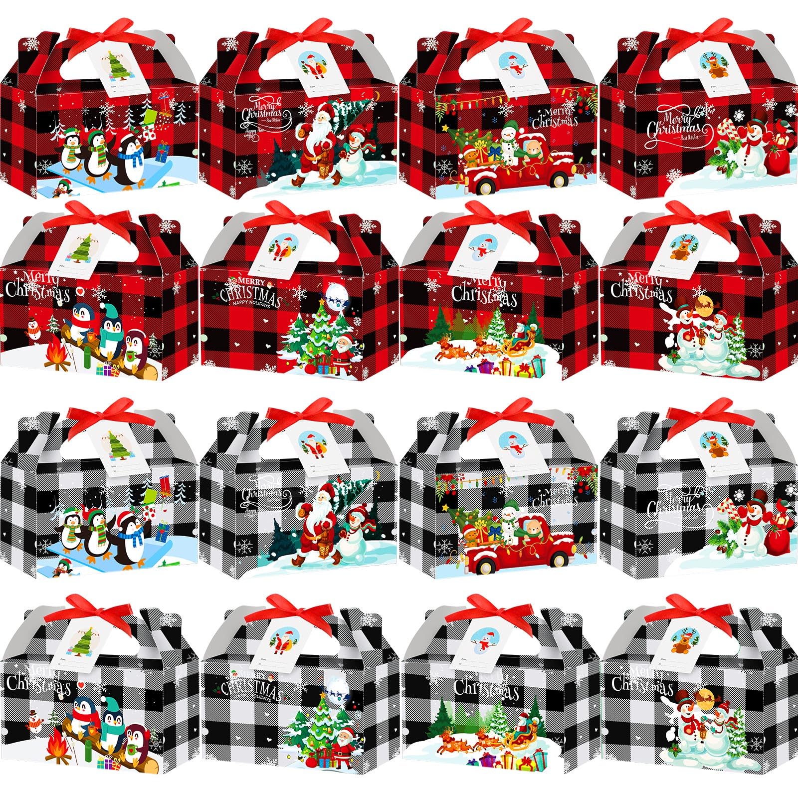 Zhanmai 100 Pieces Bulk Christmas Gift Boxes Gable Candy Boxes Buffalo Plaid Xmas Treat Boxes with Gift Tag and Ribbon 3D Cardboard Goodie Boxes for Gift Giving Christmas Party Favor(Red and White)