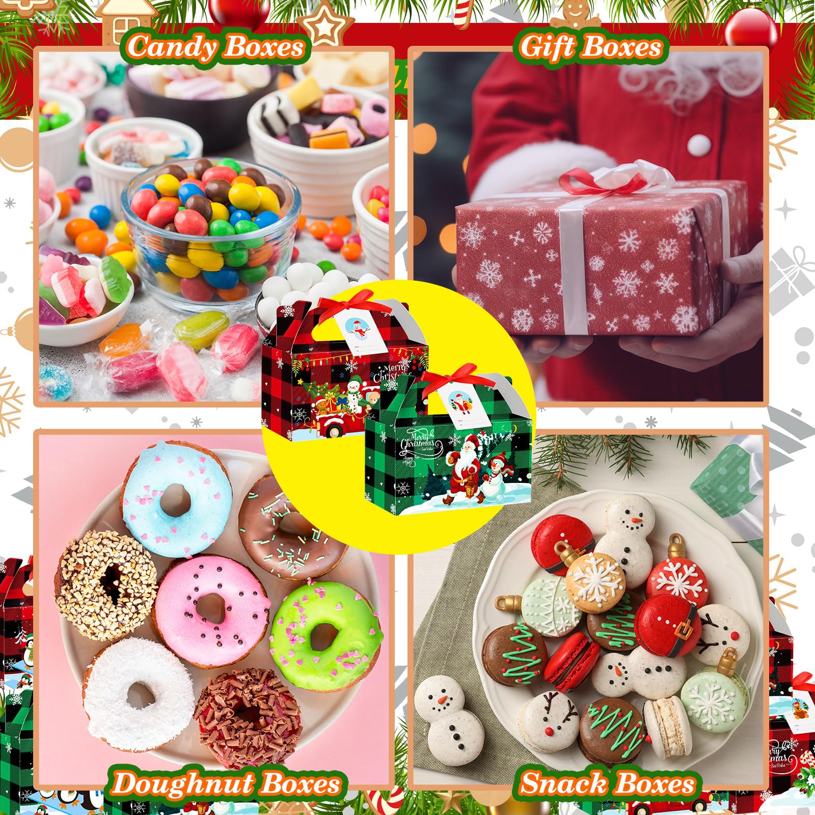 Zhanmai 100 Pieces Bulk Christmas Gift Boxes Gable Candy Boxes Buffalo Plaid Xmas Treat Boxes with Gift Tag and Ribbon 3D Cardboard Goodie Boxes for Gift Giving Christmas Party Favor(Red and White)