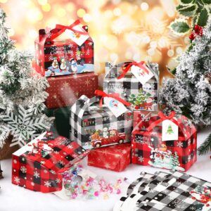 Zhanmai 100 Pieces Bulk Christmas Gift Boxes Gable Candy Boxes Buffalo Plaid Xmas Treat Boxes with Gift Tag and Ribbon 3D Cardboard Goodie Boxes for Gift Giving Christmas Party Favor(Red and White)