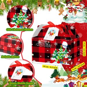 Zhanmai 100 Pieces Bulk Christmas Gift Boxes Gable Candy Boxes Buffalo Plaid Xmas Treat Boxes with Gift Tag and Ribbon 3D Cardboard Goodie Boxes for Gift Giving Christmas Party Favor(Red and White)