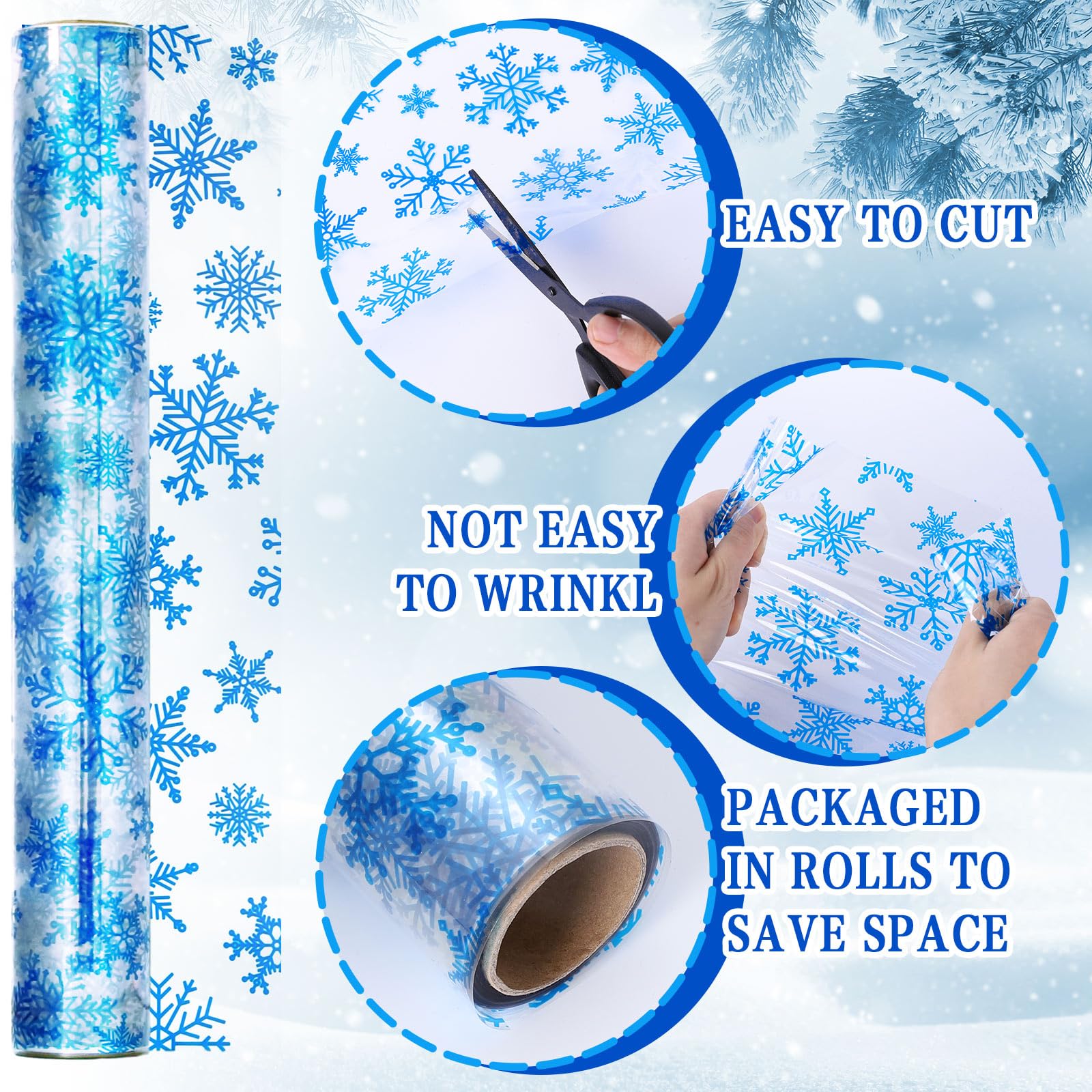 Whaline Christmas Cellophane Wrap Roll Snowflake Clear Wrapping Paper Xmas Winter Holiday Plastic Gift Basket Wrap for Christmas Birthday Wedding DIY Crafts Party Supplies