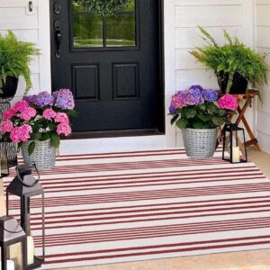 BUAGETUP Red and White Outdoor Rug 3'x 5' Hand-Woven Cotton Washable Rug Striped Front Porch Rug Machine Washable Indoor/Outdoor Area Rug Floor Mat for Farmhouse/Layered Door Mats/Living Room