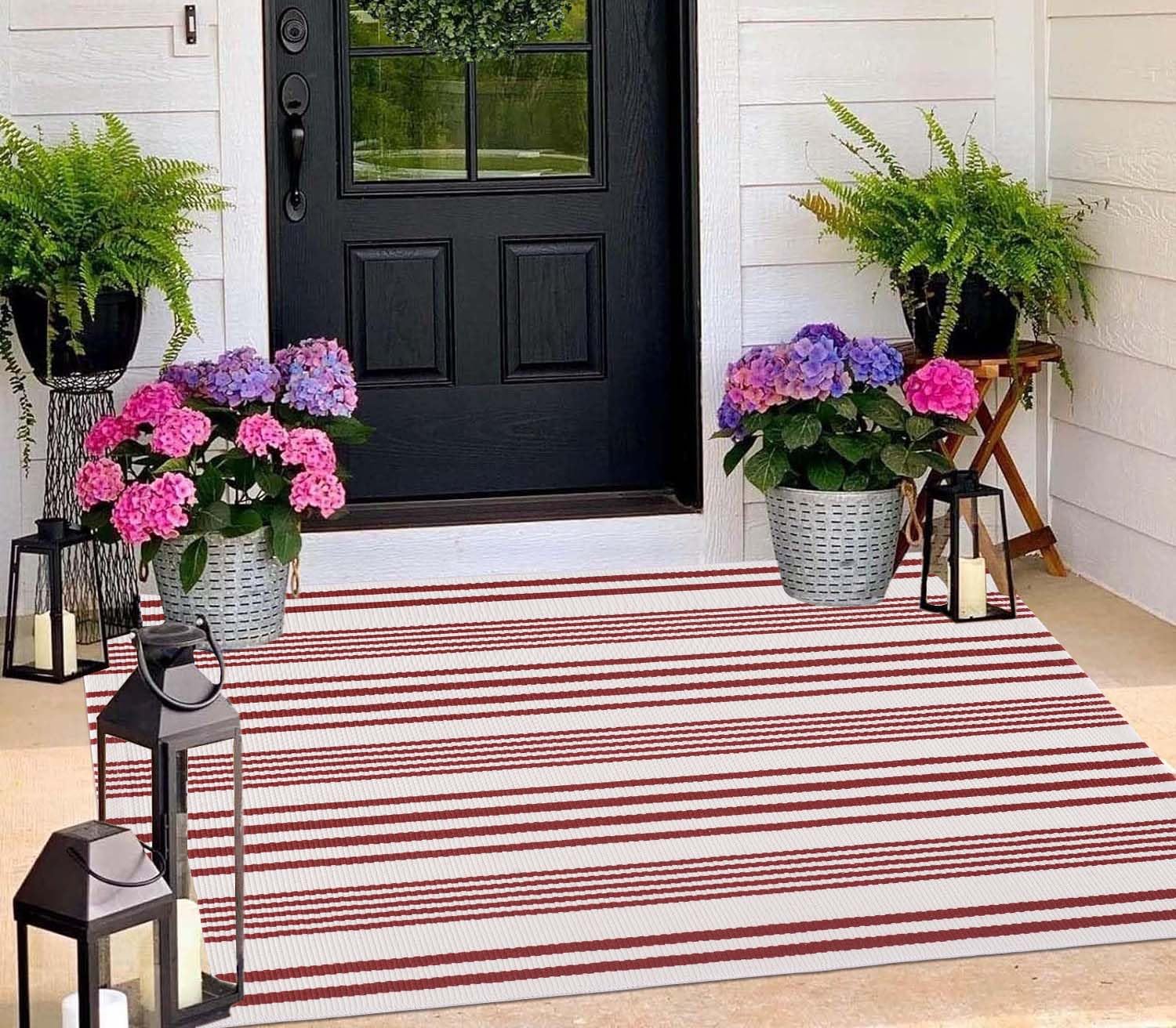 BUAGETUP Red and White Outdoor Rug 3'x 5' Hand-Woven Cotton Washable Rug Striped Front Porch Rug Machine Washable Indoor/Outdoor Area Rug Floor Mat for Farmhouse/Layered Door Mats/Living Room