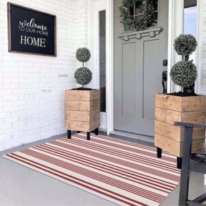 BUAGETUP Red and White Outdoor Rug 3'x 5' Hand-Woven Cotton Washable Rug Striped Front Porch Rug Machine Washable Indoor/Outdoor Area Rug Floor Mat for Farmhouse/Layered Door Mats/Living Room