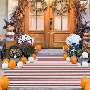 BUAGETUP Red and White Outdoor Rug 3'x 5' Hand-Woven Cotton Washable Rug Striped Front Porch Rug Machine Washable Indoor/Outdoor Area Rug Floor Mat for Farmhouse/Layered Door Mats/Living Room