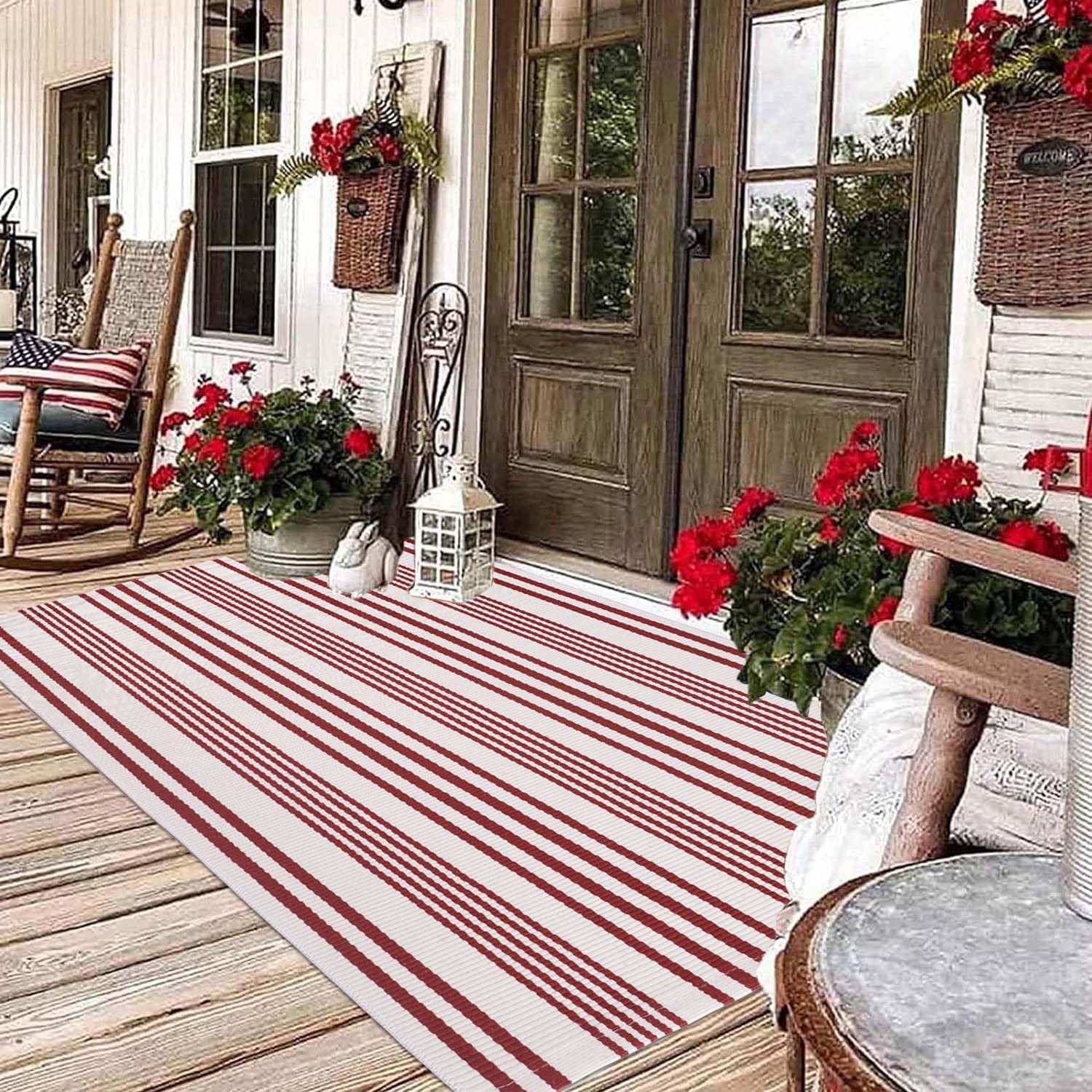 BUAGETUP Red and White Outdoor Rug 3'x 5' Hand-Woven Cotton Washable Rug Striped Front Porch Rug Machine Washable Indoor/Outdoor Area Rug Floor Mat for Farmhouse/Layered Door Mats/Living Room