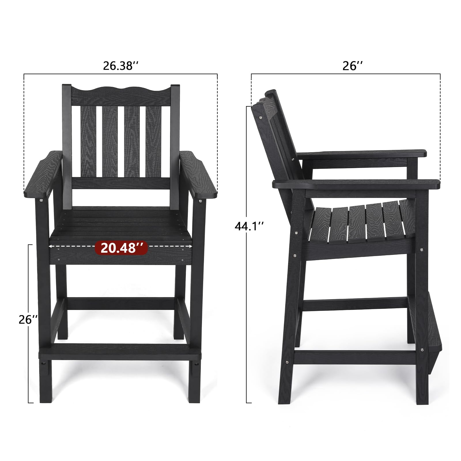 Stoog All-Weather Balcony Chairs Set, Tall Adirondack Chair Set of 2 with 16" Connecting Tray, Poly Outdoor Chairs for Backyard, Garden, Deck and Patio, Black