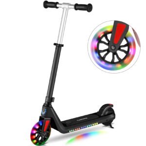 caroma electric scooter for kids ages 6-8, kick-start boost kids scooters for boys/girls, max 6 miles & 10 mph, electric kick scooter for kids with adjustable height & deck lights, 120w