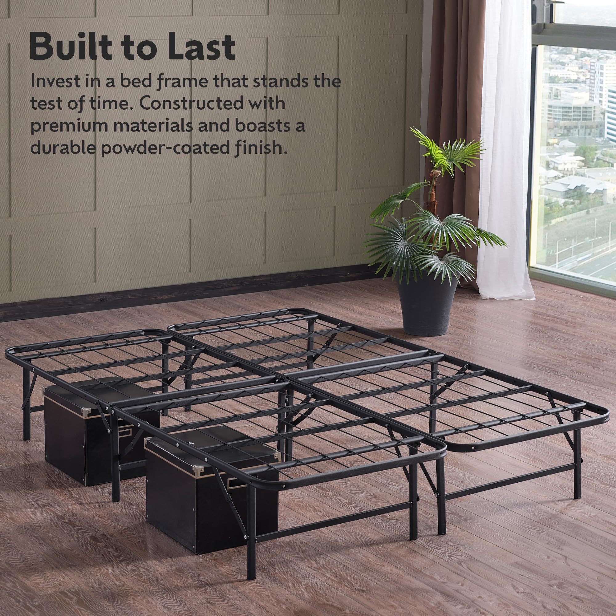 MACTUR Foldable Metal Bed Frame Queen Size Metal Platform Easy Assembly Heavy Duty Noise Free Bed Frame 13 Inches of Clearance Underbed Storage Sturdy Steel Frame, Queen, Black