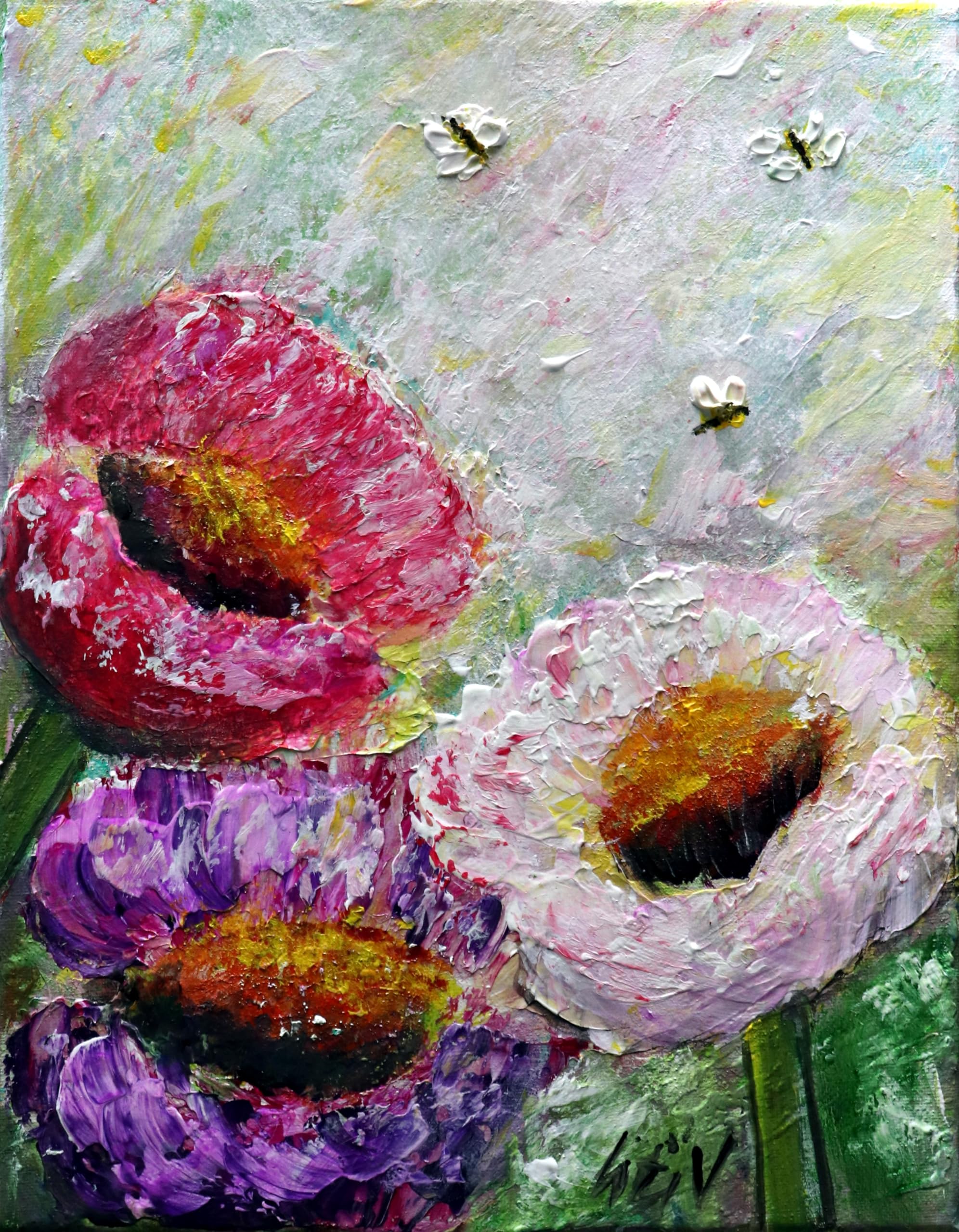 Bees and Flowers, Boho Whimsy Colorful Botanical Floral Oil Painting, BEE FARM