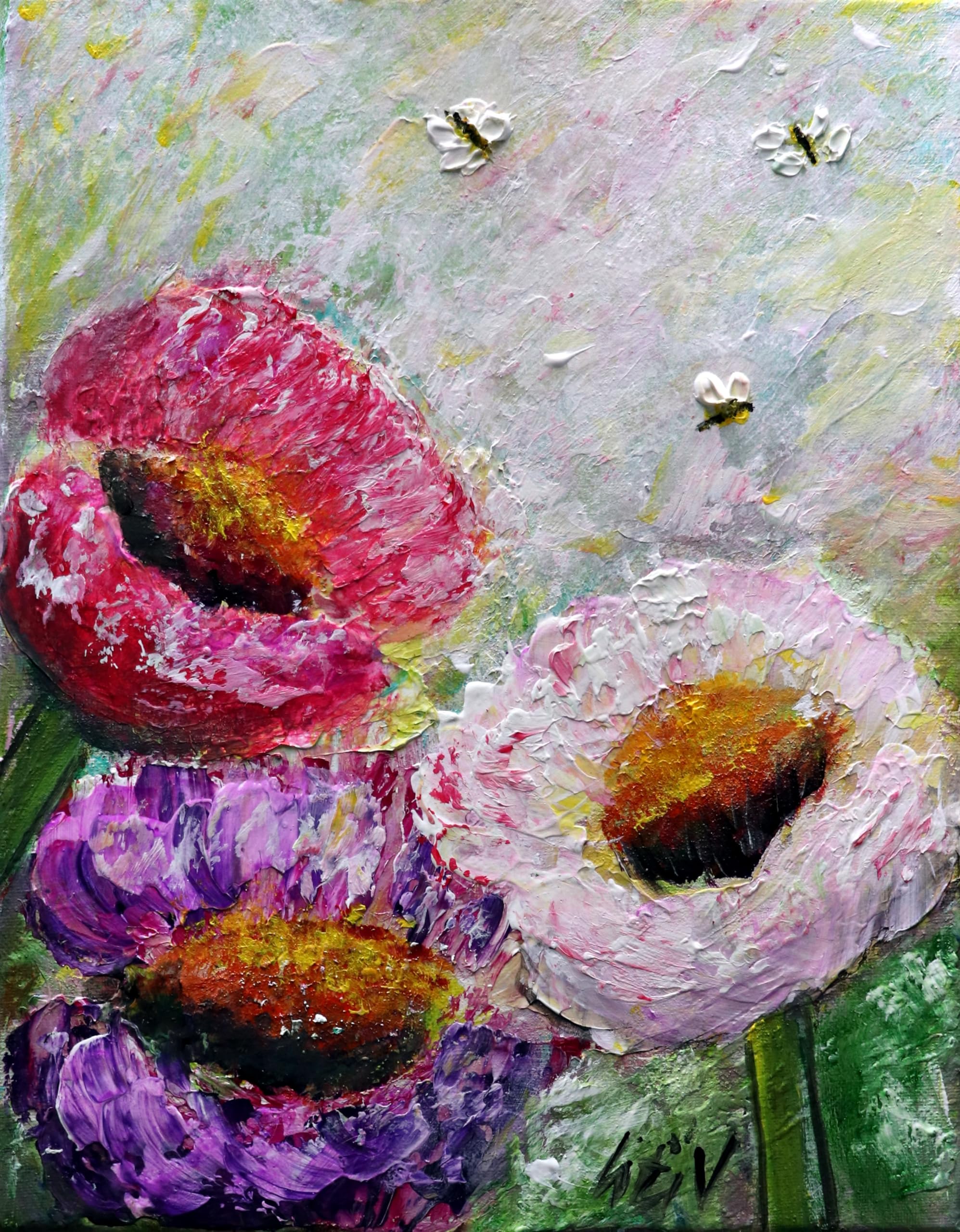 Bees and Flowers, Boho Whimsy Colorful Botanical Floral Oil Painting, BEE FARM