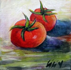 fresh tomato, food art, kitchen decor, vegetables oil painting, two red tomatoes wall decor