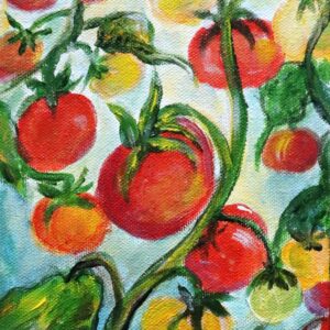 Cherry Tomatoes on the Vine, Food Art, Kitchen Decor, Vegetables Oil Painting, Red Yellow Mini Tomatoes Wall Decor