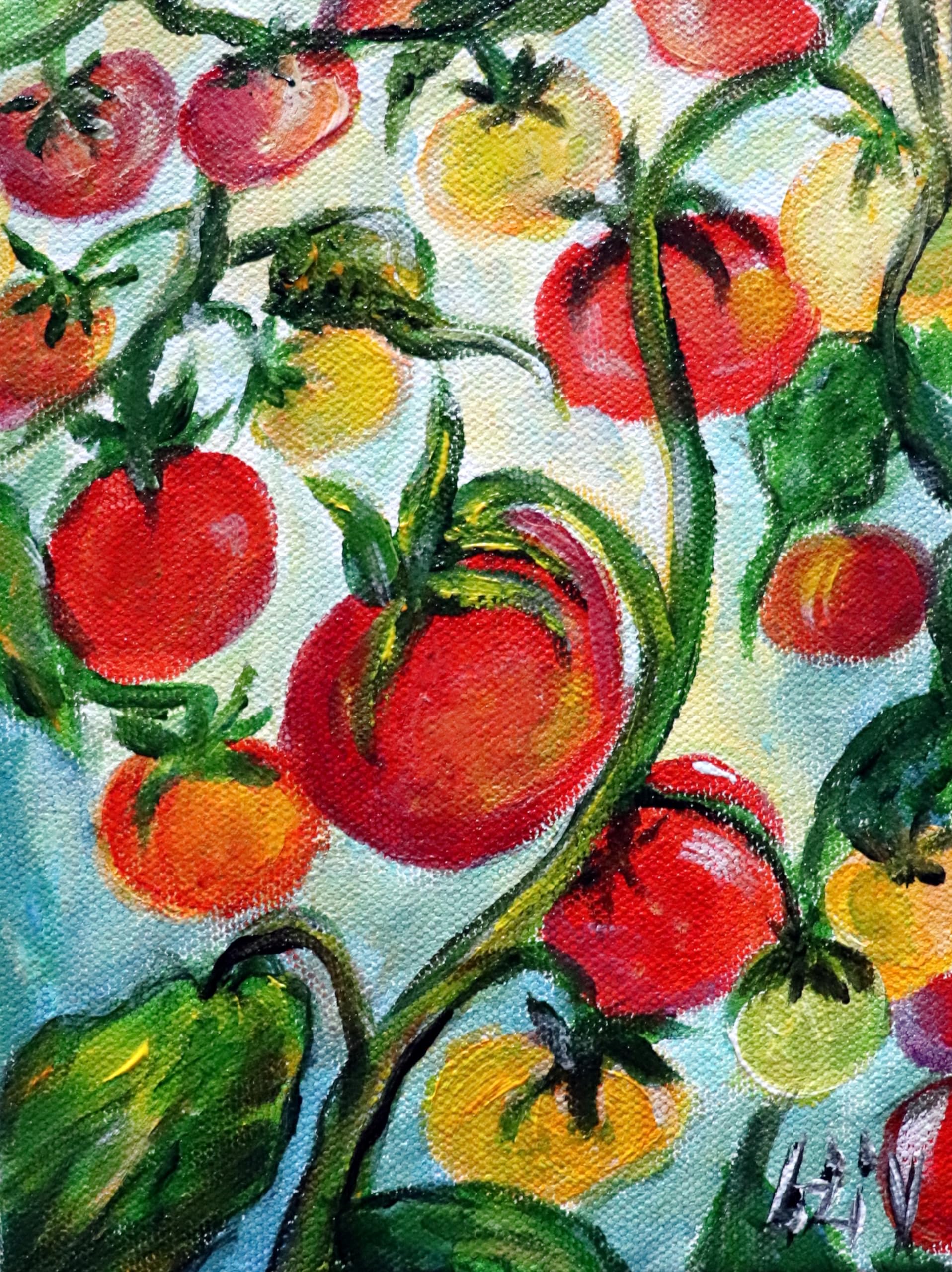 Cherry Tomatoes on the Vine, Food Art, Kitchen Decor, Vegetables Oil Painting, Red Yellow Mini Tomatoes Wall Decor