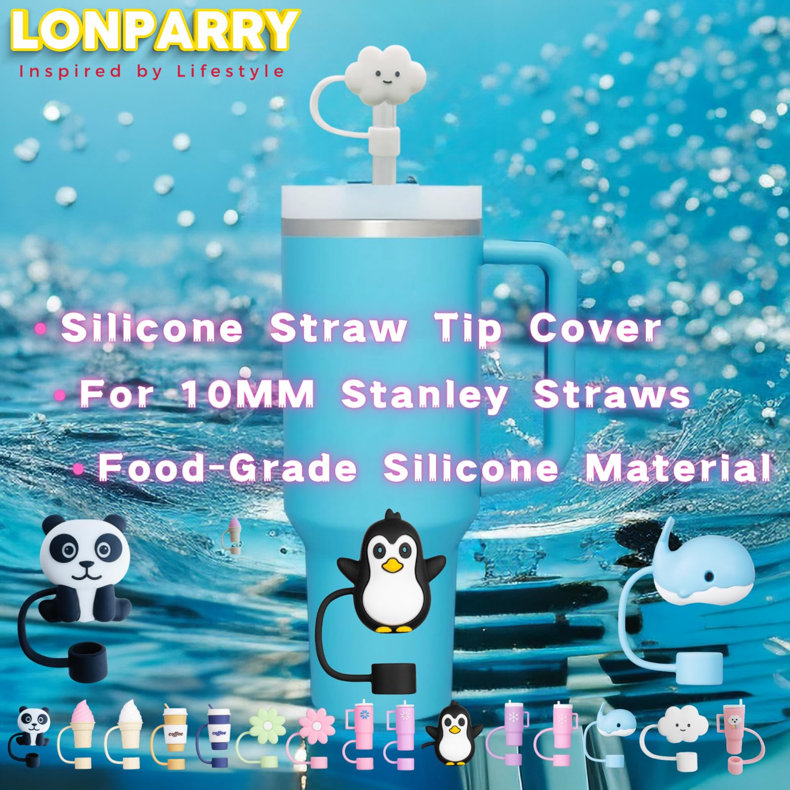 4-Pack Straw Caps for Stanley Cup,Silicone Straw Cover fits Stanley 0.4 Inch/10 MM Straws, Reusable Straw Toppers for Stanley Cup Accessories, Food Grade Drinking Straw Cap,2Flower+2Cloud