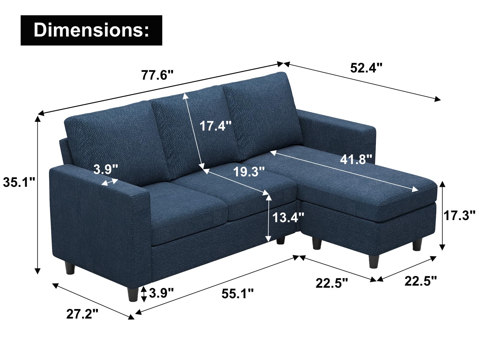 Belffin Convertible Sectional Sofa, L Shaped Modern Couch, Small Couch with Reversible Chaise for Living Room and Small Space, Navy Blue