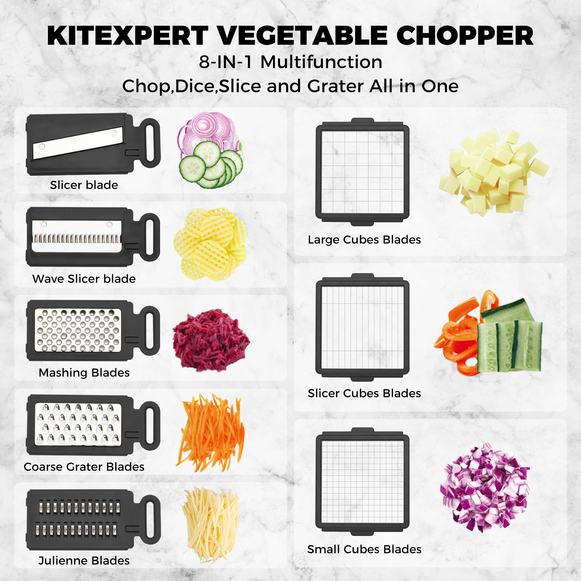 Kitexpert Vegetable Chopper,Onion Mincer,Dicer,Slicer with 8 Blades and Container with Lid,15-in-1 Multifunctional Vegetable Chopper,Home Essentials & Kitchen Gadgets, Salad Chopper.