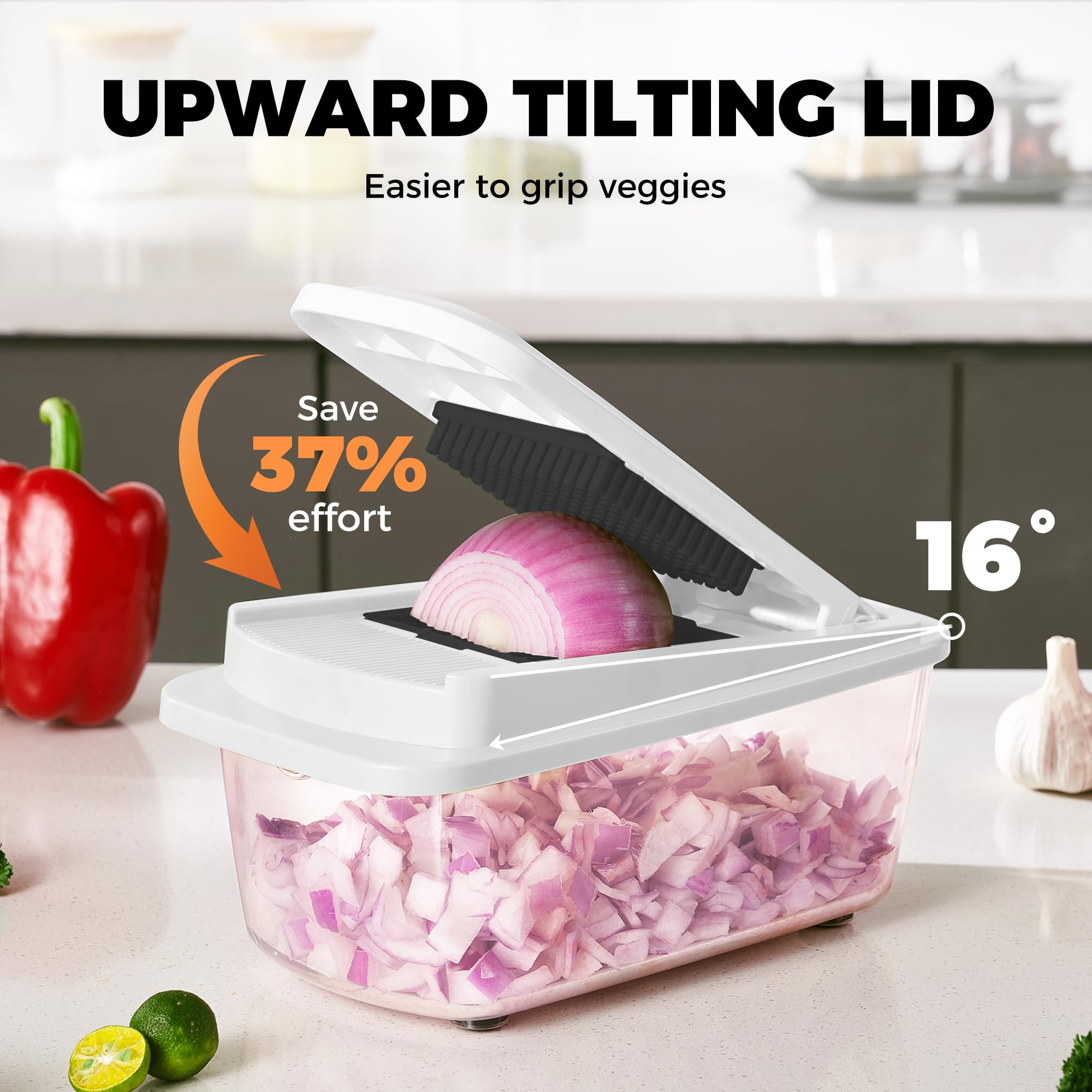 Kitexpert Vegetable Chopper,Onion Mincer,Dicer,Slicer with 8 Blades and Container with Lid,15-in-1 Multifunctional Vegetable Chopper,Home Essentials & Kitchen Gadgets, Salad Chopper.