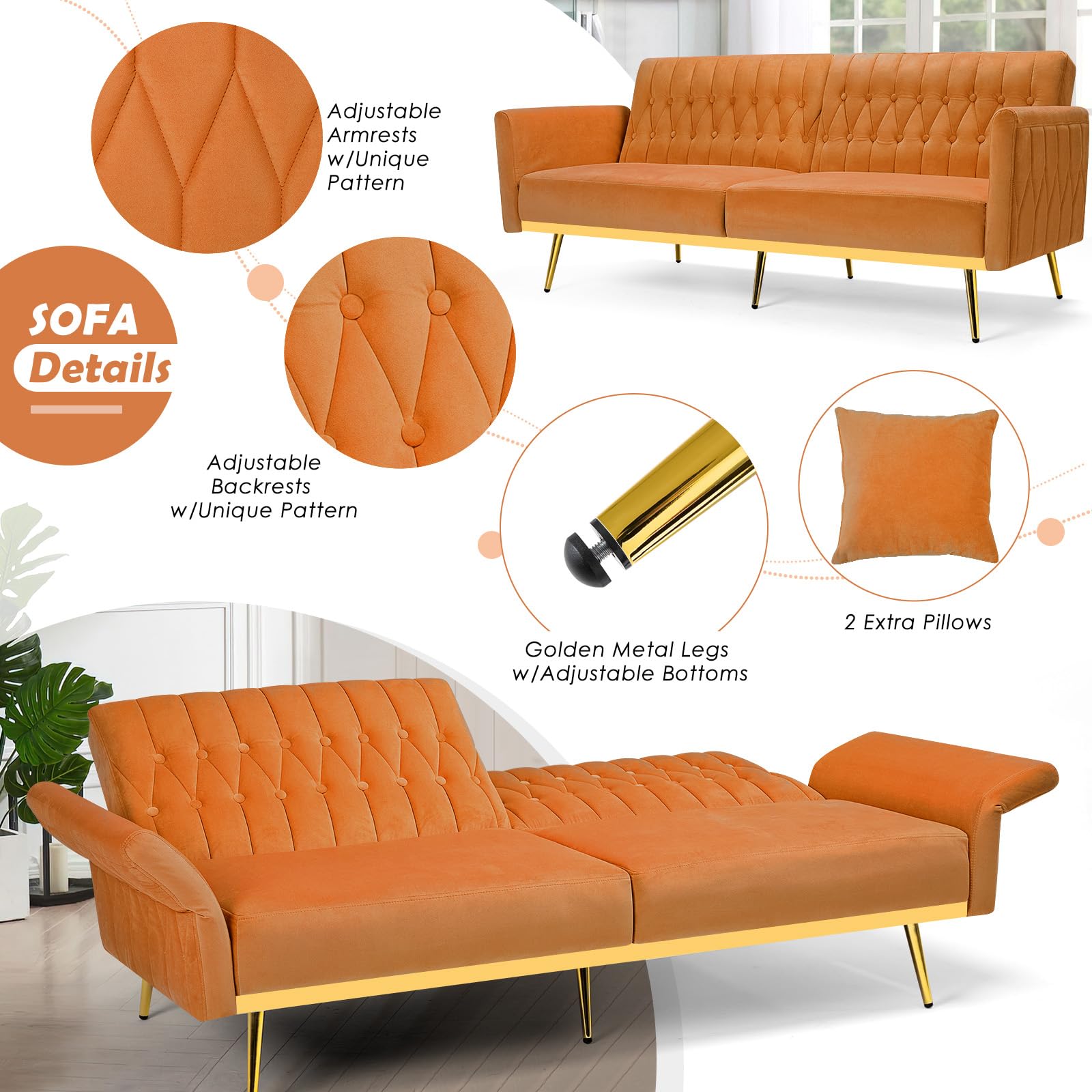 Lesofair 70” Velvet Futon with Adjustable Backrest and Armrests, Sofa Bed with with Extra Pillows for Waiting Room, Living Room and Office, Orange