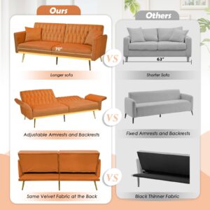 Lesofair 70” Velvet Futon with Adjustable Backrest and Armrests, Sofa Bed with with Extra Pillows for Waiting Room, Living Room and Office, Orange