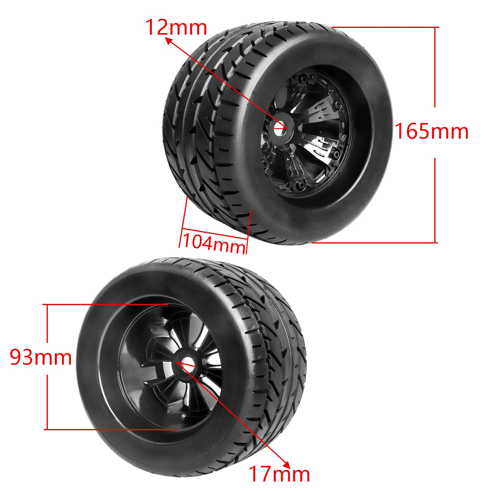 HobbyPark Pre-Glued 6.5" Tall 17mm Hex RC Street Tires and Wheels for Traxxas E-Revo 2.0 Sledge T-Maxx 3.3 Arrma Kraton 6s Notorious Redcat Kaiju Shredder 1/8 Monster Truck (Set of 4)