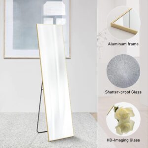 Sweetcrispy 59"x16" Floor Standing Mirror, Wall Mirror with Stand, Full Length Aluminum Alloy Thin Frame Hanging or Leaning for Living Room Bedroom Cloakroom, Gold