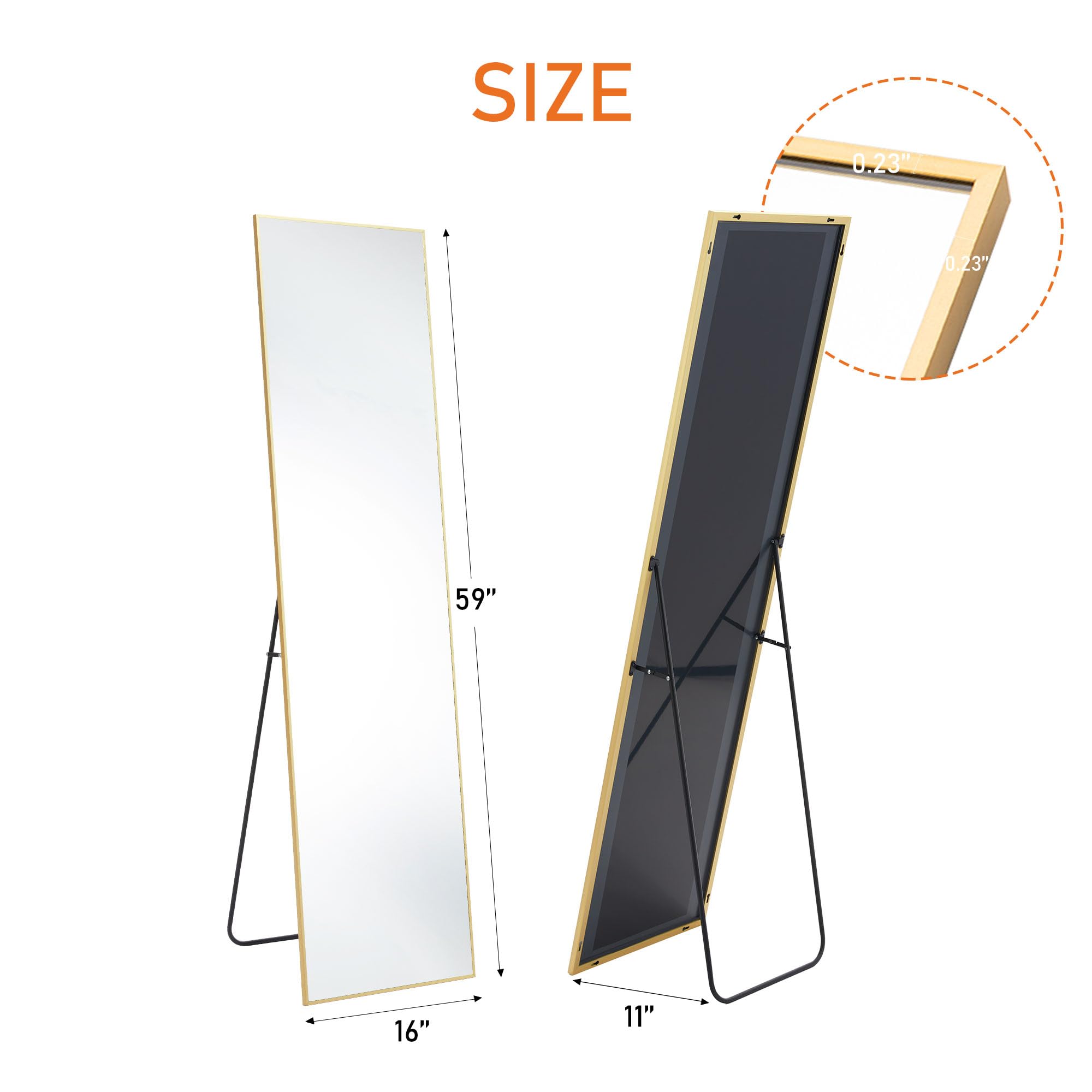 Sweetcrispy 59"x16" Floor Standing Mirror, Wall Mirror with Stand, Full Length Aluminum Alloy Thin Frame Hanging or Leaning for Living Room Bedroom Cloakroom, Gold