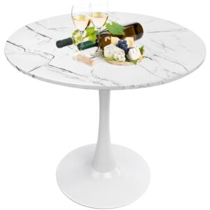 Round Dining Table White Faux Marble Kitchen Dining Table 31.5" Modern Mid-Century Leisure Tulip Table with Pedestal Base for Dining Room 2 to 4 Person