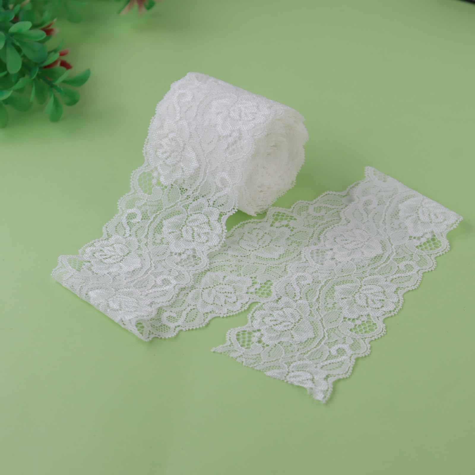 Duuclume 2.4 Inch x 5 Yard Vintage Lace Fabric,White Sewing Lace Trim, Elastic Stretchy Lace Ribbon - Perfect for Crafting,Wedding,Gift Wrapping,Home Decoration & Christmas Halloween Decoration