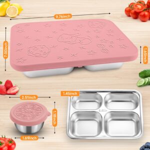 LEGELITE Stainless Steel Bento Box Container with 2 Sauce Cups, 4 Compartments Premium Bento Box, Metal Lunch Box Set for Kids or Adults (Pink)