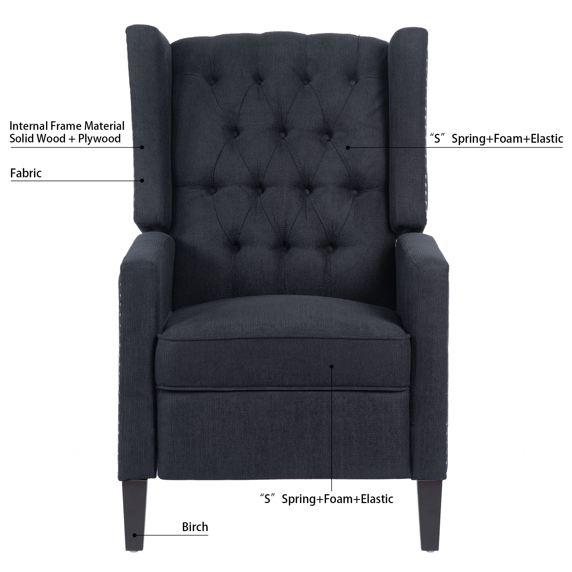 Wingback Recliner Chair Fabric Living Room Chairs Modern High Back Accent Chair Comfy Reading Chair Tufted Wing Back Chairs with Arms for Bedroom Office, 27.16" Wide, Black