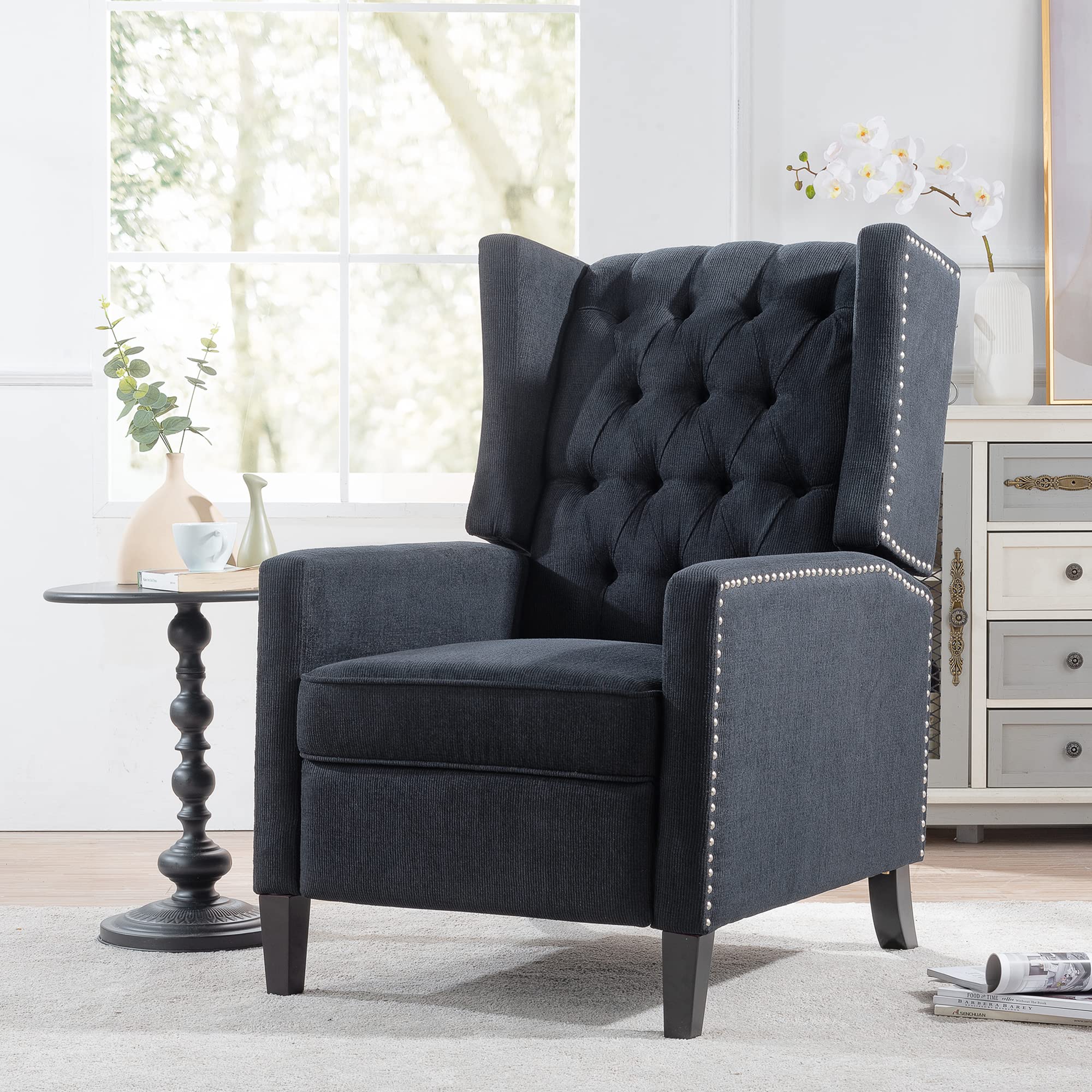 Wingback Recliner Chair Fabric Living Room Chairs Modern High Back Accent Chair Comfy Reading Chair Tufted Wing Back Chairs with Arms for Bedroom Office, 27.16" Wide, Black