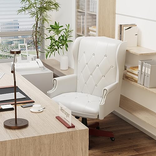 High Back Leather Executive Office Chair, 330LBS Heavy Duty Ergonomic Design Thick Padded Seat and Backrest, Button Tufted Styling Reclining Comfortable Desk Chair for Home, Executive, Office - White