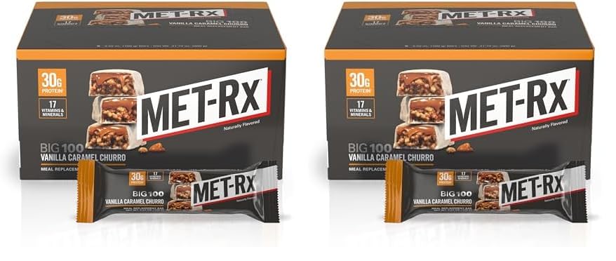 MET-Rx Big 100 Colossal Protein Bars, Vanilla Caramel Churro Meal Replacement Bars, Brown, 9 Count (Pack of 2)