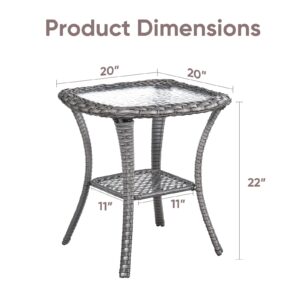 Opohoro Patio Wicker Side Table, Outdoor PE Rattan End Table with 5mm Tempered Glass Top and 2-Tier Storage Shelf, 20" Square Coffee Table for Deck Porch Garden Backyard-Grey