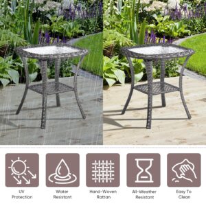 Opohoro Patio Wicker Side Table, Outdoor PE Rattan End Table with 5mm Tempered Glass Top and 2-Tier Storage Shelf, 20" Square Coffee Table for Deck Porch Garden Backyard-Grey