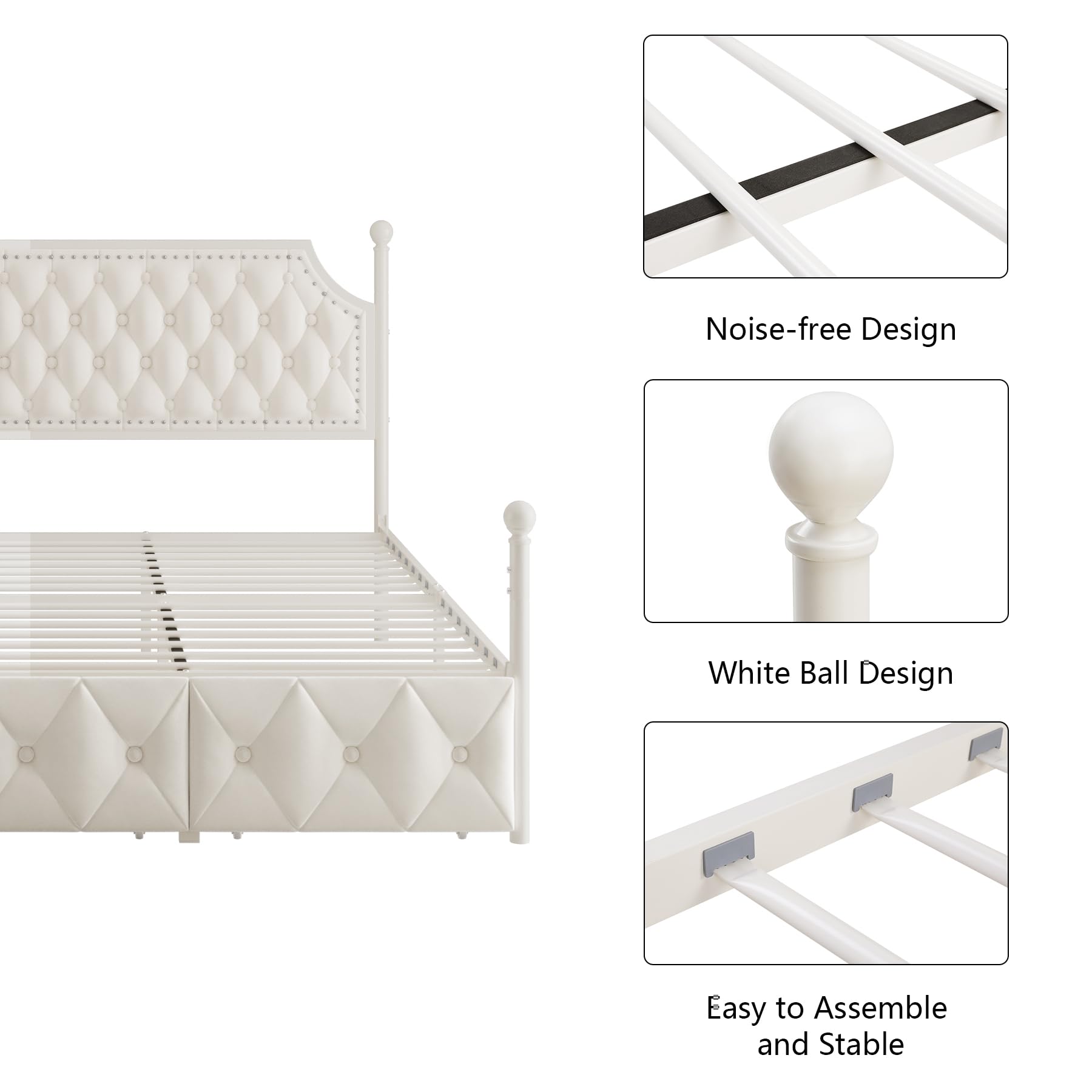 Keyluv Queen Upholstered Canopy Bed Frame with 2 Drawers and Button Tufted Headboard, Metal Platform Bed with 4 Removable Posts Two-Purpose Velvet Bed No Box Spring Needed, Beige/Curtains Not Included