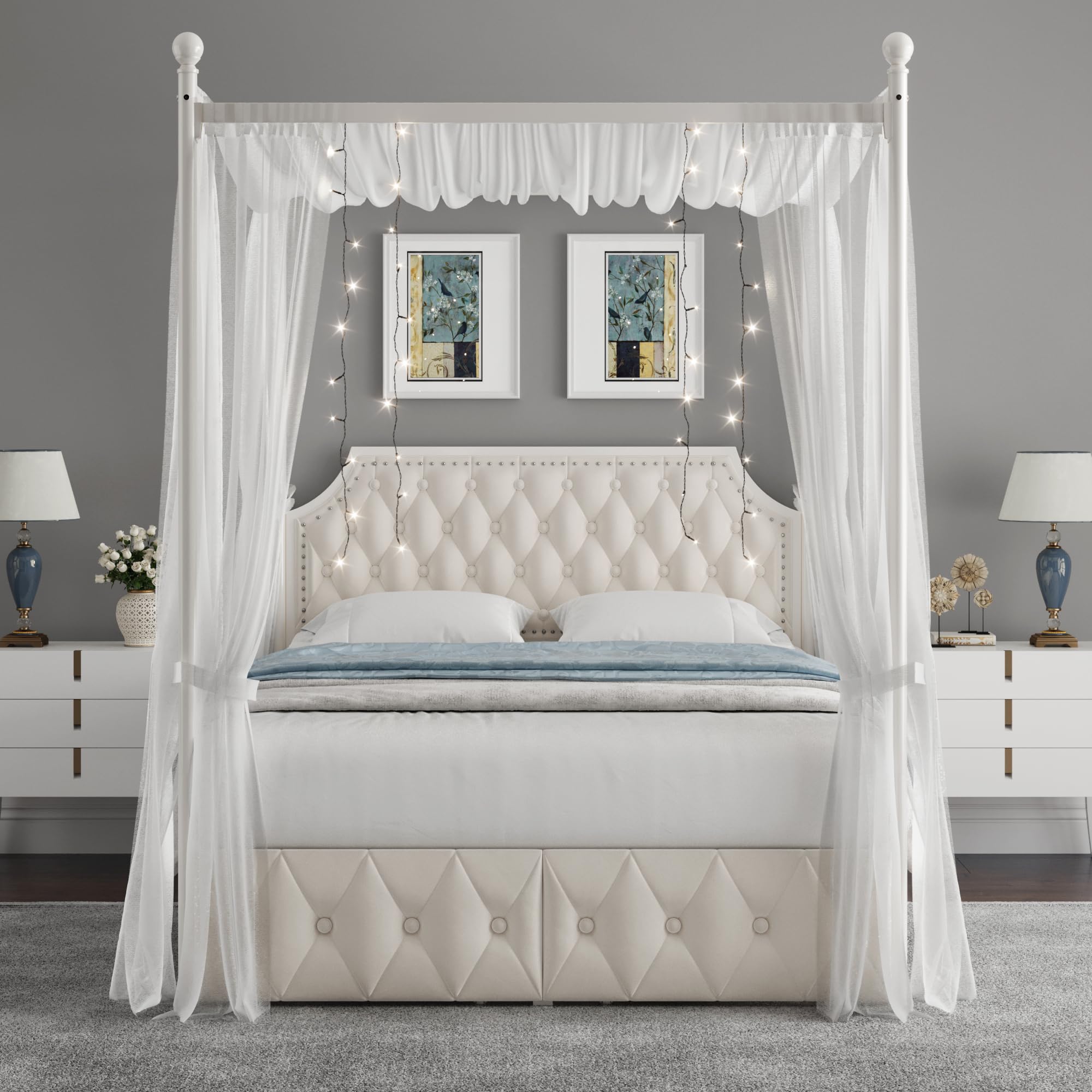 Keyluv Queen Upholstered Canopy Bed Frame with 2 Drawers and Button Tufted Headboard, Metal Platform Bed with 4 Removable Posts Two-Purpose Velvet Bed No Box Spring Needed, Beige/Curtains Not Included