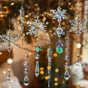 guasslee 18pcs crystal christmas tree ornaments - iridescent acrylic snowflake icicle drop crystal hanging ornaments for tree iridescent party decor christmas frozen themed birthday decor