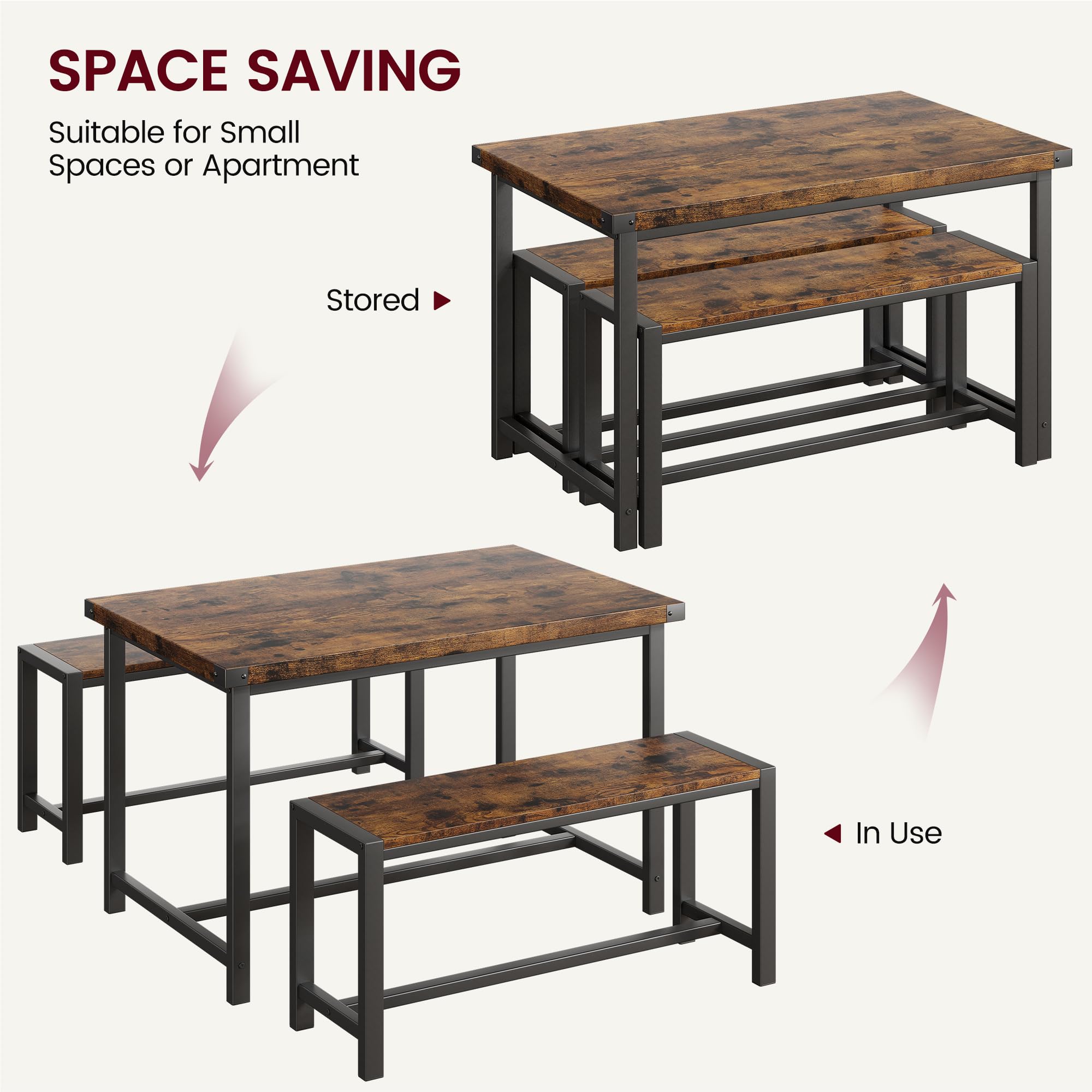 IDEALHOUSE Dining Table Set for 4, Kitchen Table with Benches, Rectangular Dining Room Table Set with 2 Metal Wood Benches, 3 Piece Dining Table Set for Small Space, Apartment, Studio, Rustic Brown