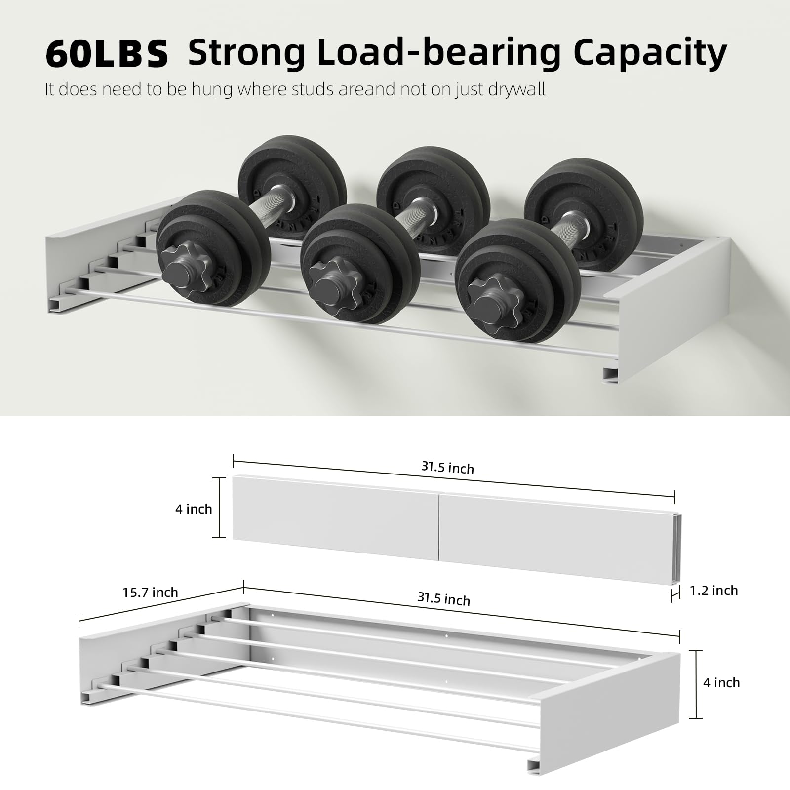 Laundry Drying Rack Collapsible, Wall Mounted, Clothes Drying Rack, 31.5" Wide, 13.2 Linear Ft, 5 Aluminum Rods, 60 lb Capacity, Laundry Racks for Drying Clothes with Wall Template(White 31.5" Medium)