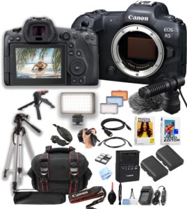 canon eos r5 mirrorless camera body + 128gb pro speed memory + led video light + dme 100 microphone +case + tripod + software pack-video bundle (renewed)