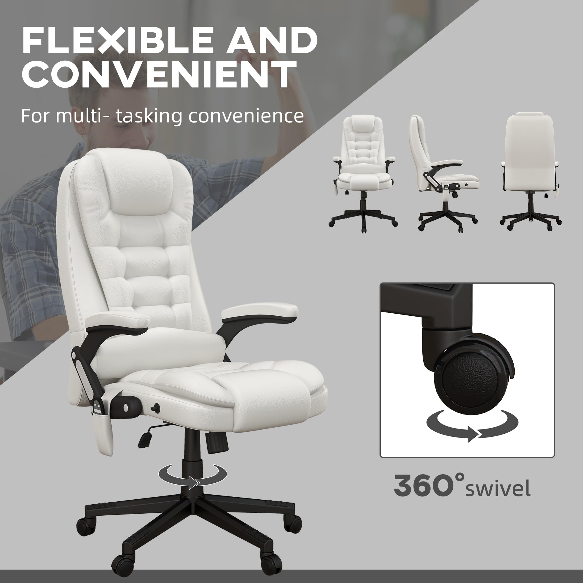 HOMCOM High Back Vibration Massage Office Chair with 6 Vibration Points, Heated Reclining PU Leather Computer Chair with Armrest and Remote, White