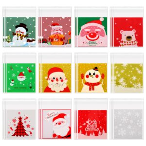 engrowtic 300 pcs christmas cellophane bags xmas candy bags holiday cookie treat bags self adhesive clear plastic bags for christmas party favor gift supplies, 12 designs